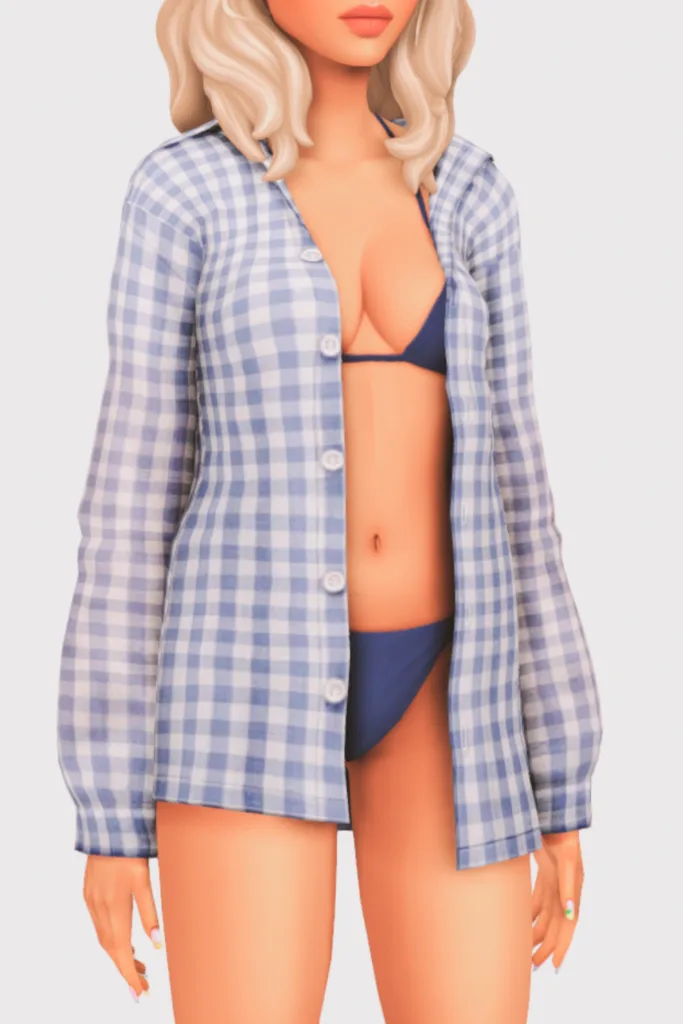 a female sim wearing a two piece cc swimsuit with a coverup