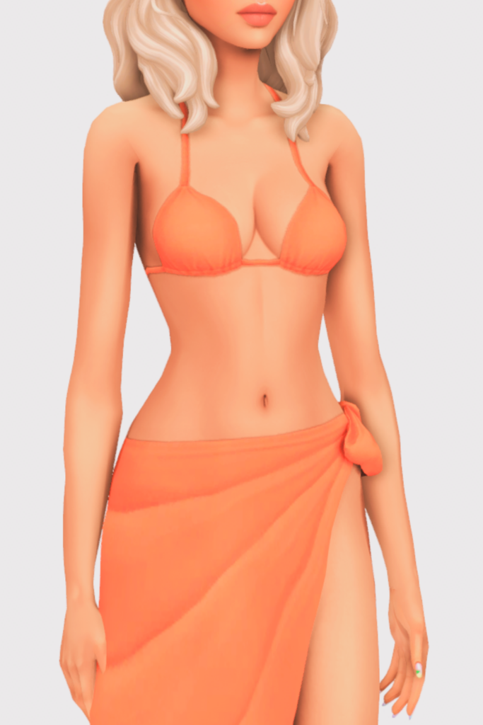 a female sim wearing a two piece cc swimsuit with a sarong