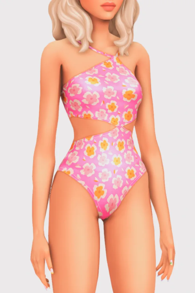 a female sim wearing a one piece cc swimsuit