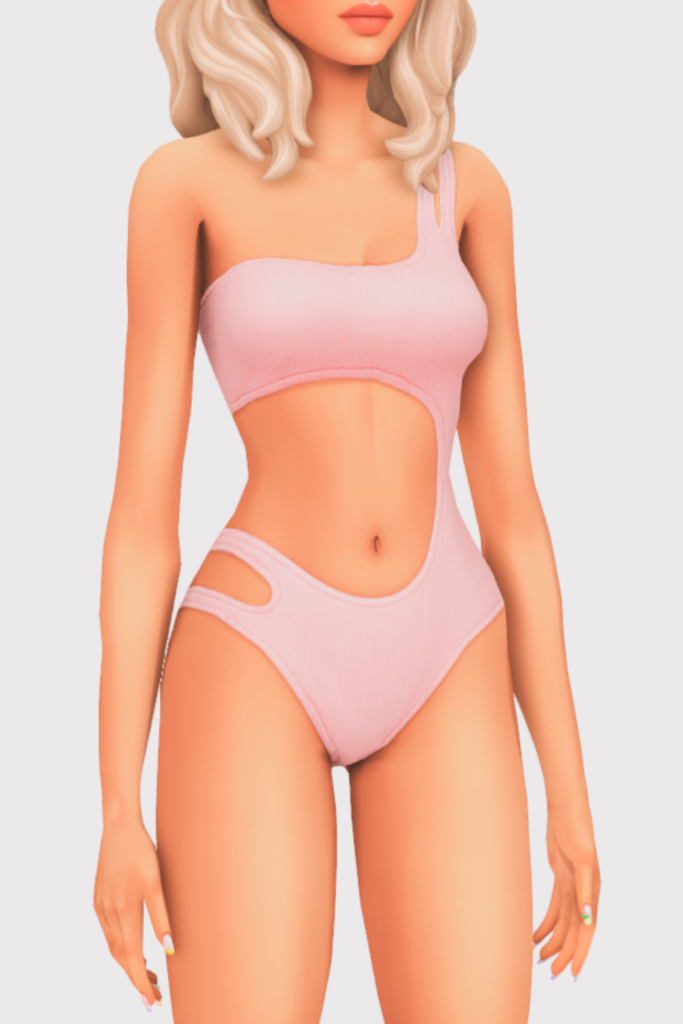 a female sim wearing a one piece cc swimsuit
