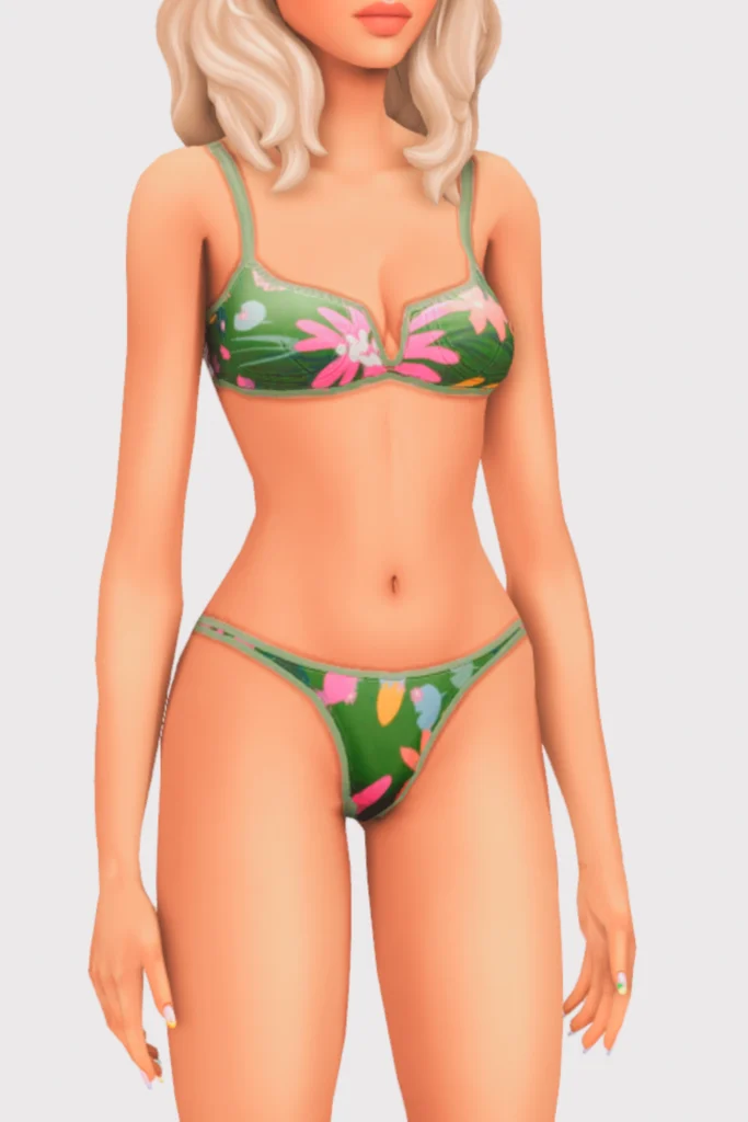 a female sim wearing a two piece cc swimsuit