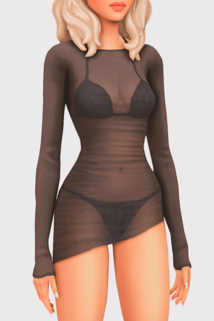 a female sim wearing a two piece cc swimsuit with a coverup