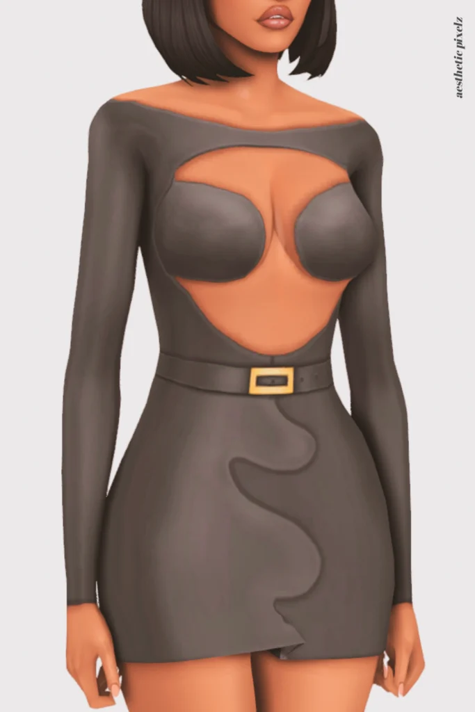 a female sim wearing a custom content little black dress