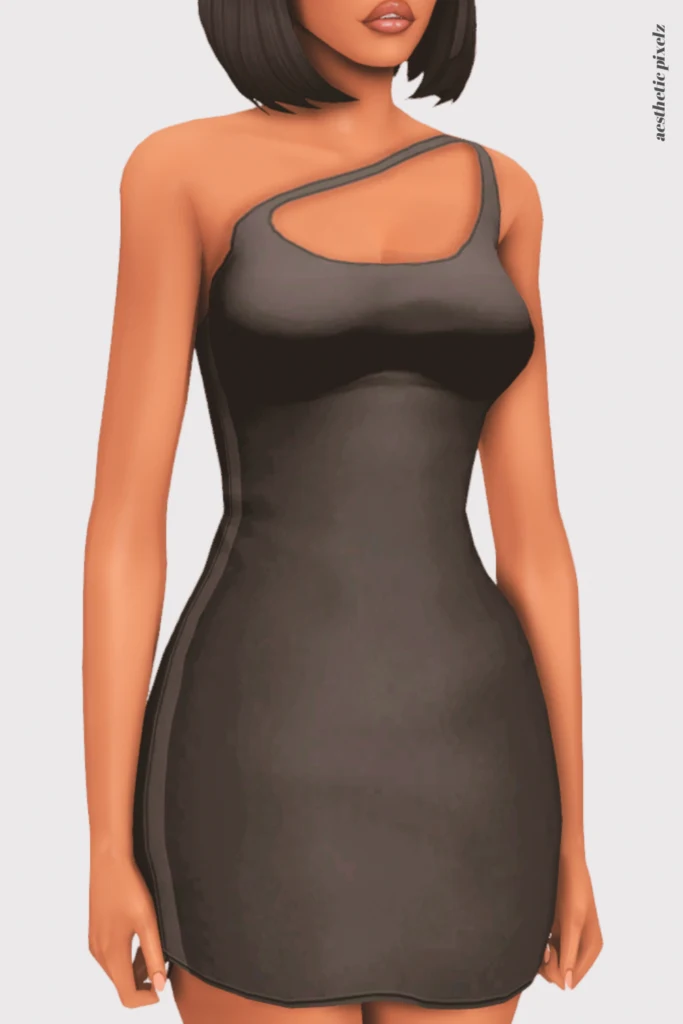 a female sim wearing a custom content little black dress