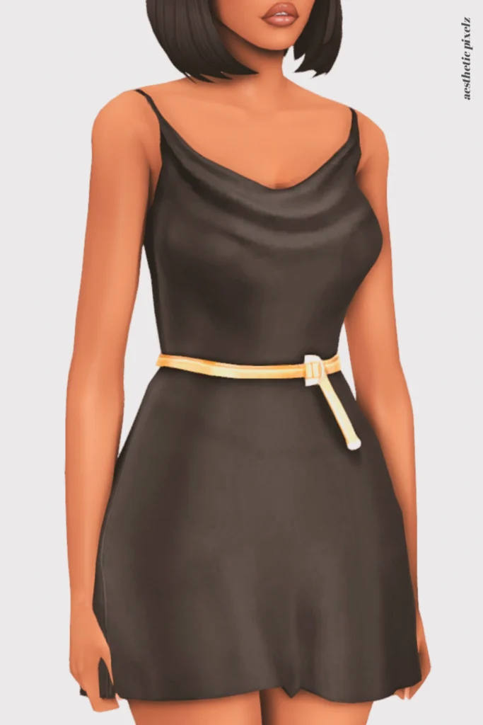 a female sim wearing a custom content little black dress