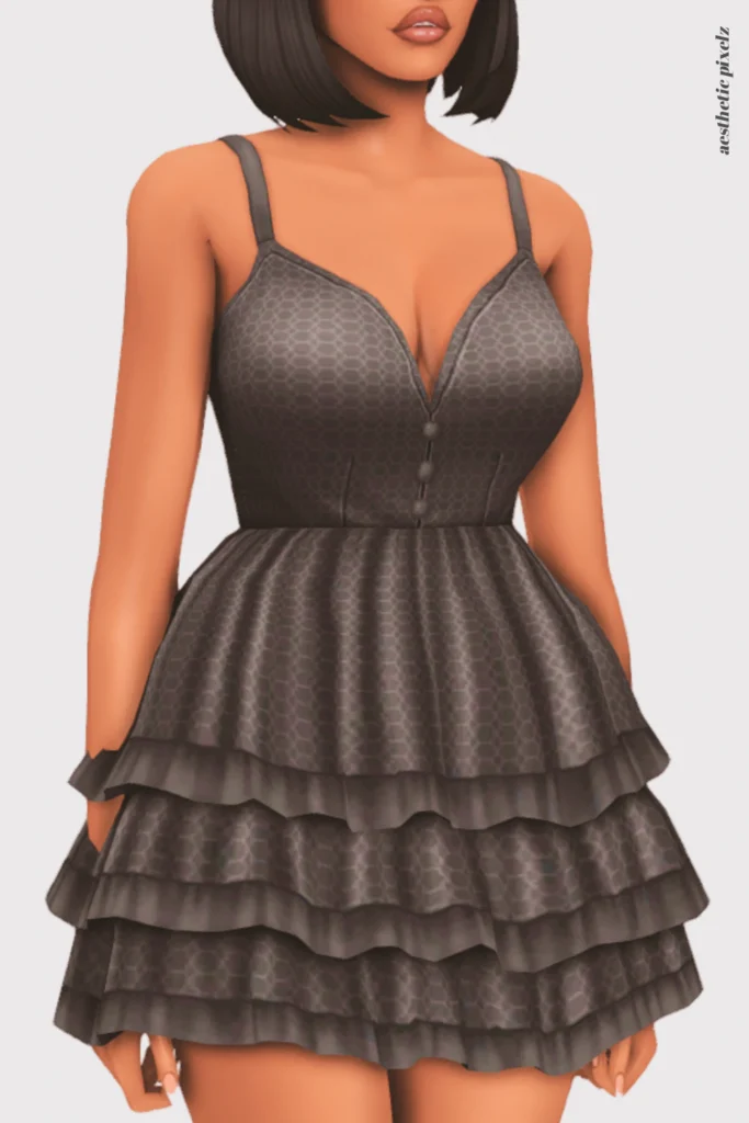 a female sim wearing a custom content little black dress