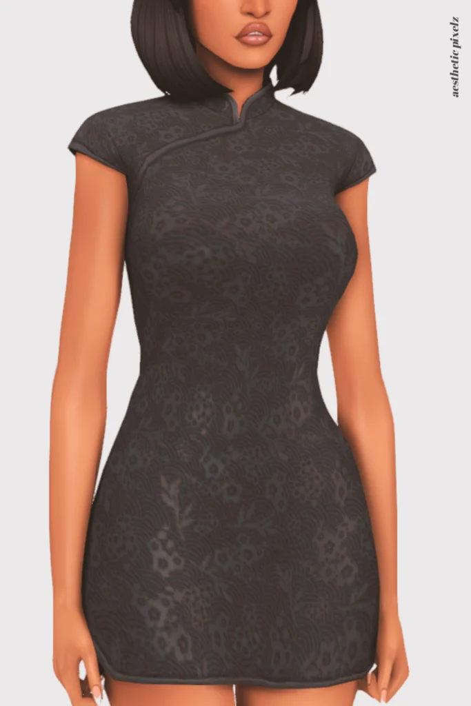 a female sim wearing a custom content little black dress