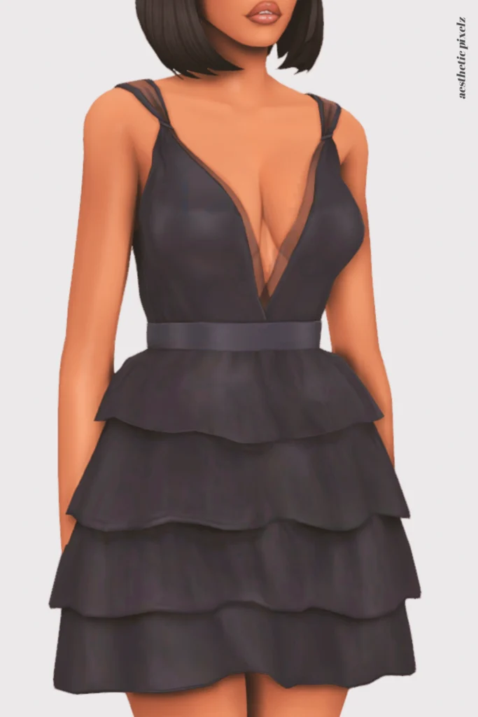 a female sim wearing a custom content little black dress