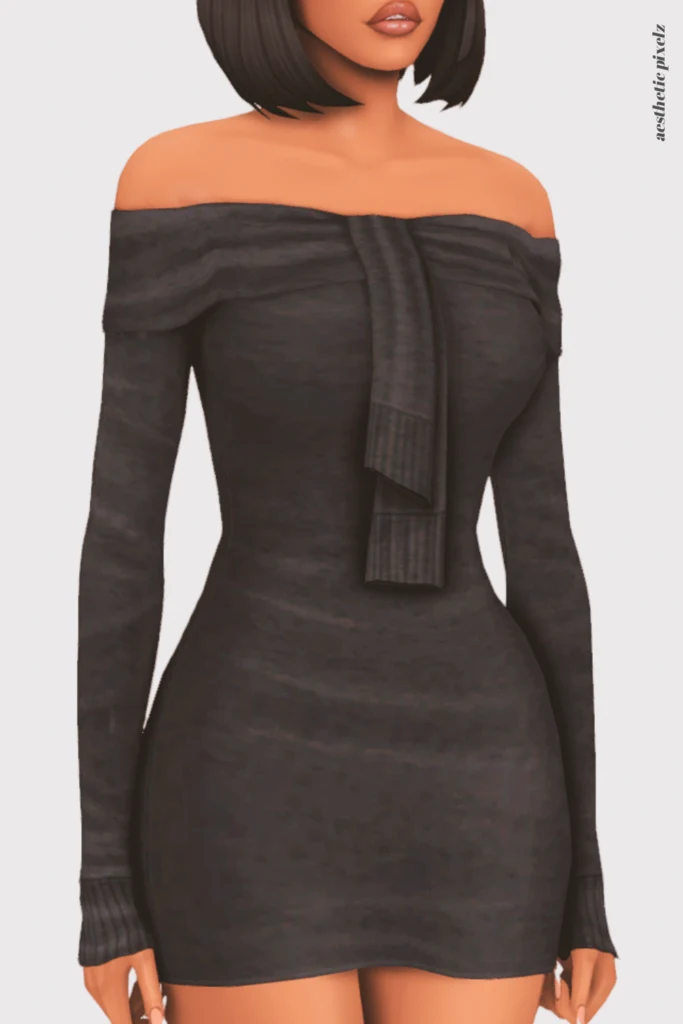 a female sim wearing a custom content little black dress