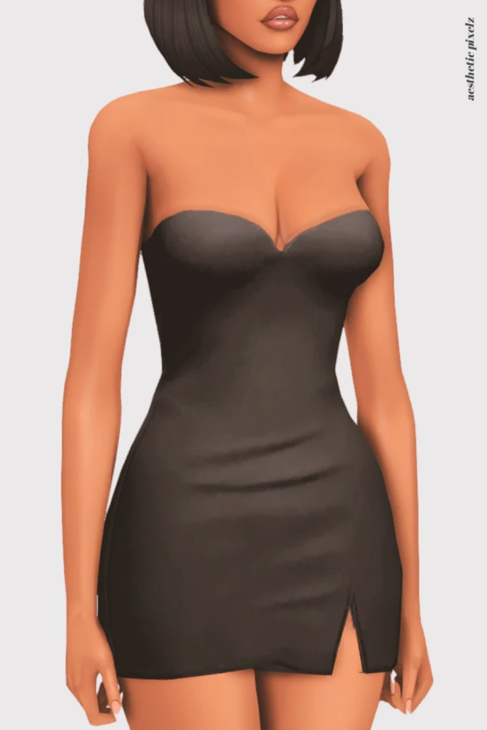 a female sim wearing a custom content little black dress