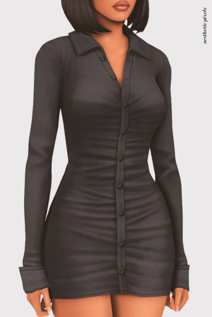 a female sim wearing a custom content little black dress