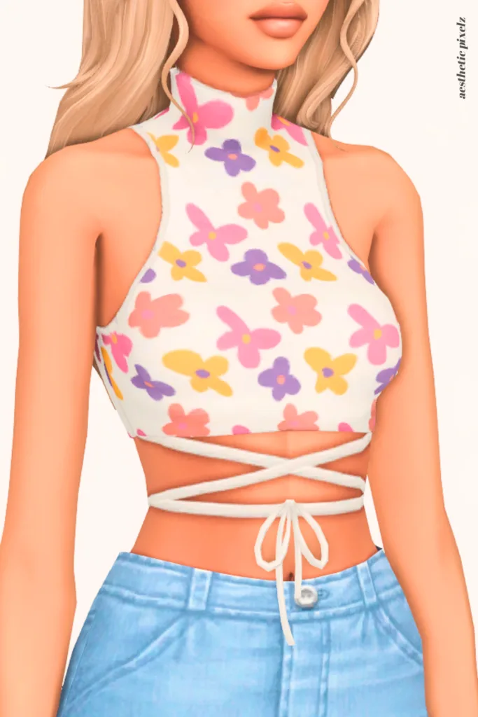 a female sim wearing a custom content crop top in the sims 4