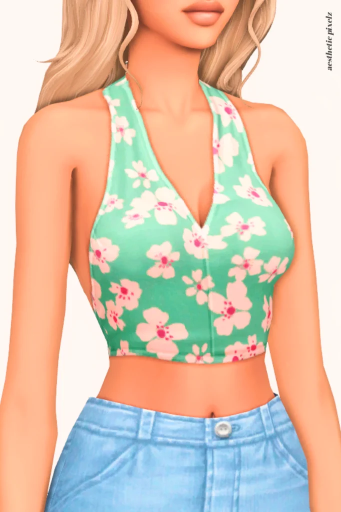 a female sim wearing a custom content crop top in the sims 4