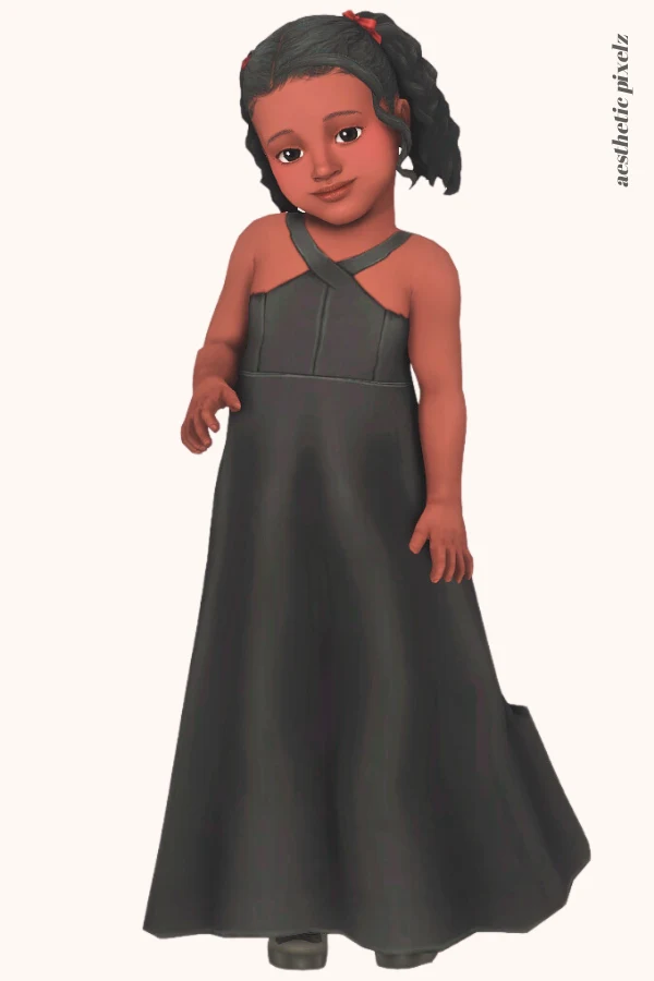 a sims 4 black toddler girl wearing a toddler cc formal dress