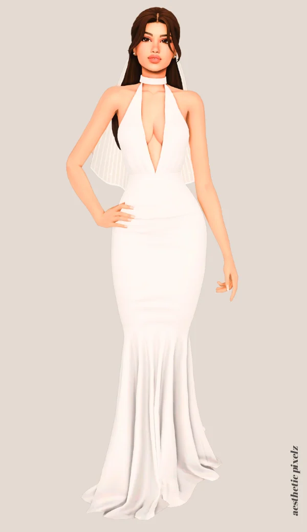 a sims 4 female sim wearing a cc wedding dress