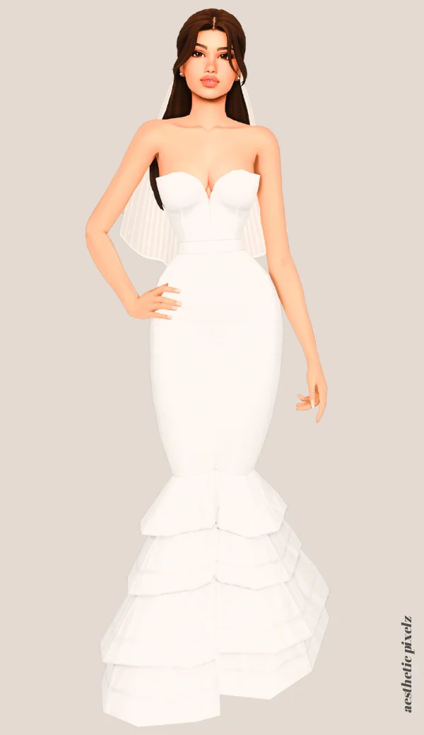 a sims 4 female sim wearing a cc wedding dress