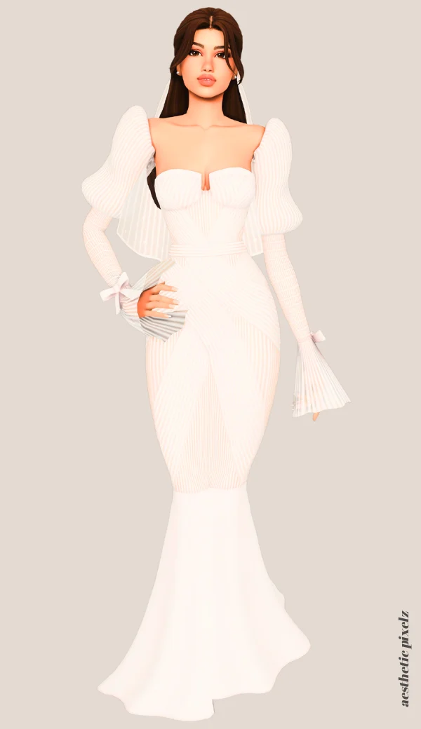 a sims 4 female sim wearing a cc wedding dress