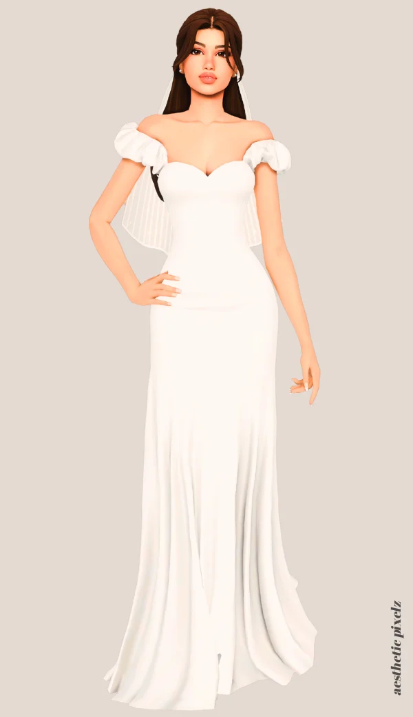 a sims 4 female sim wearing a cc wedding dress