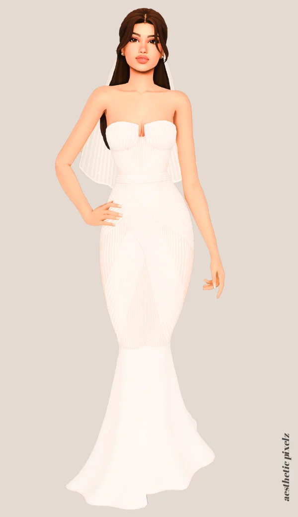 a sims 4 female sim wearing a cc wedding dress