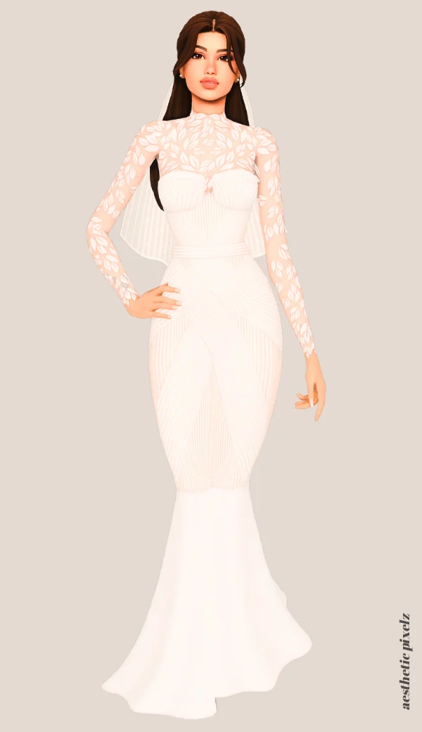 a sims 4 female sim wearing a cc wedding dress