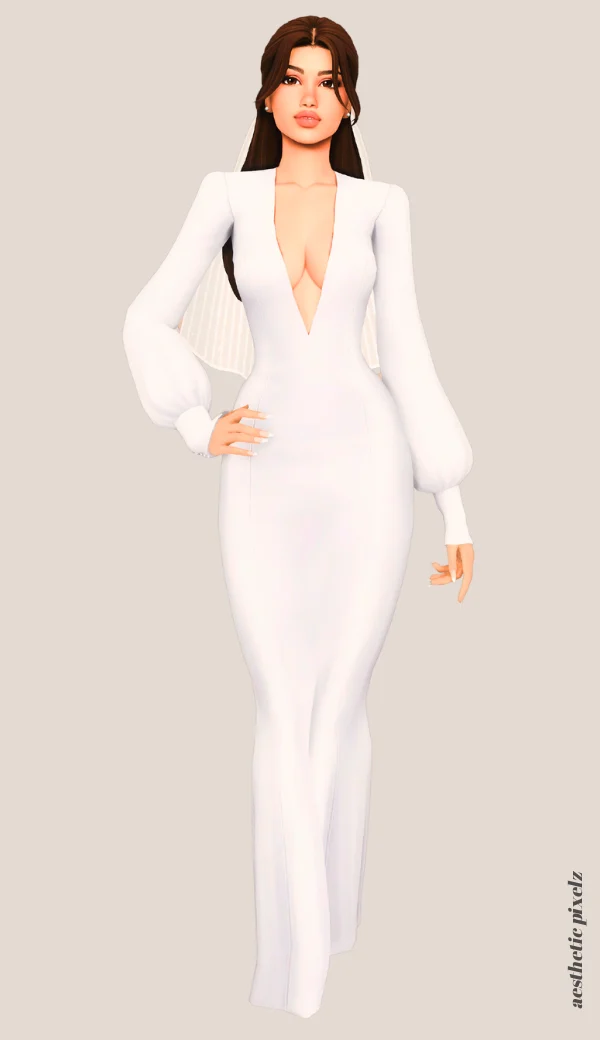 a sims 4 female sim wearing a cc wedding dress