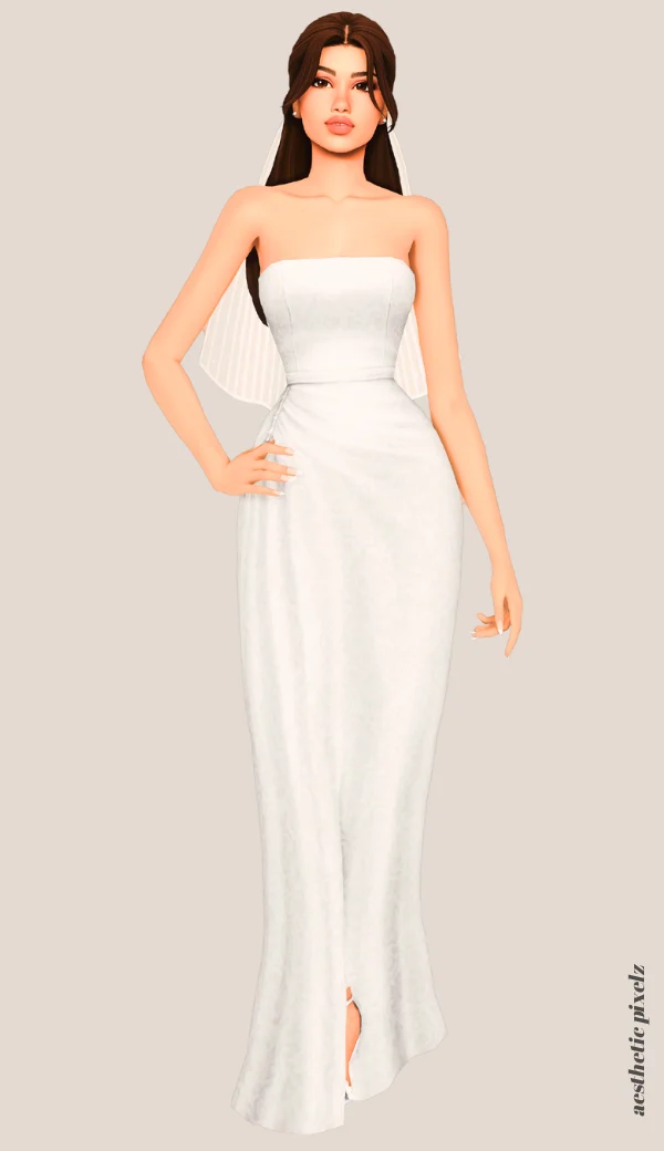 a sims 4 female sim wearing a cc wedding dress