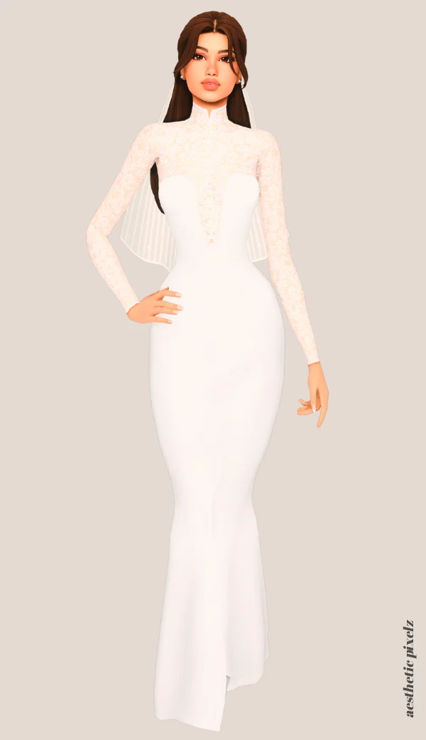 a sims 4 female sim wearing a cc wedding dress