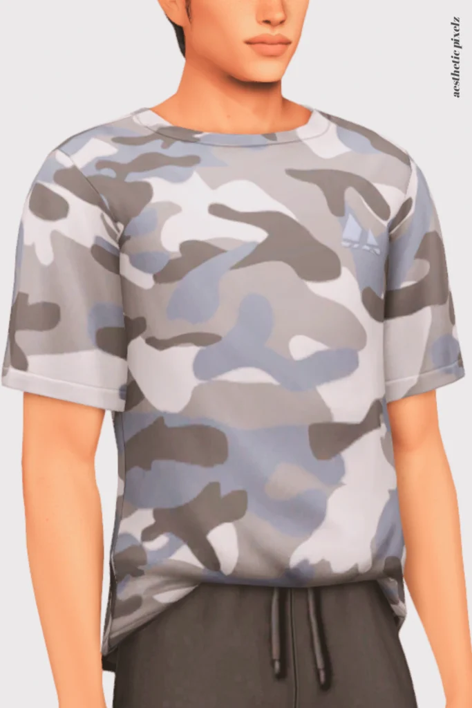 a sims 4 male sim wearing a custom content shirt in an everyday outfit