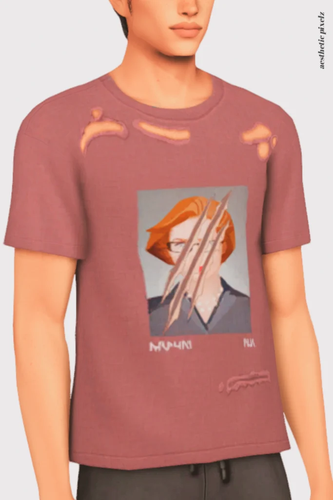 a sims 4 male sim wearing a custom content shirt in an everyday outfit