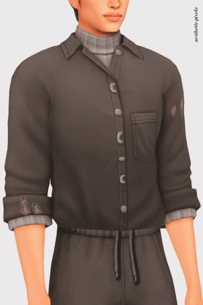 a sims 4 male sim wearing a custom content shirt in an everyday outfit