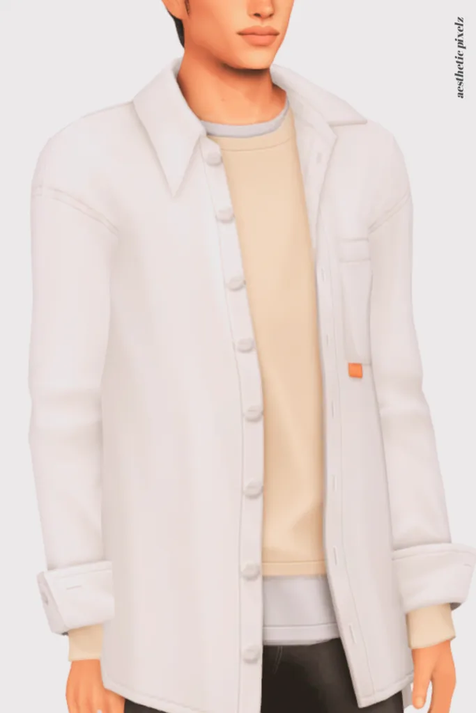 a sims 4 male sim wearing a custom content shirt in an everyday outfit