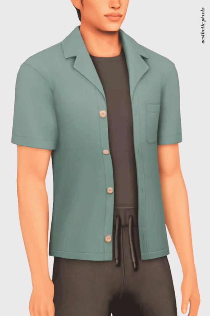 a sims 4 male sim wearing a custom content shirt in an everyday outfit