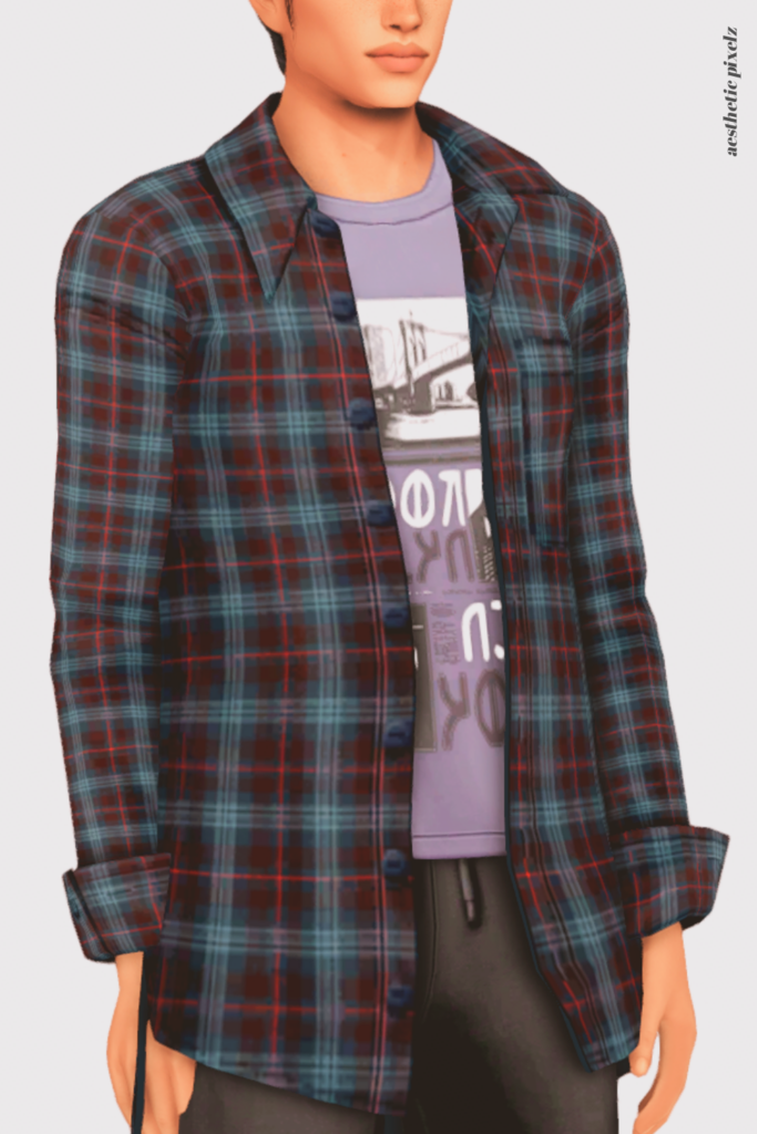 a sims 4 male sim wearing a custom content shirt in an everyday outfit