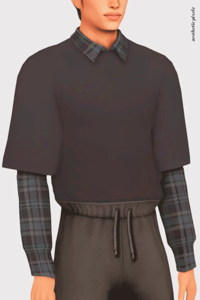 a sims 4 male sim wearing a custom content shirt in an everyday outfit