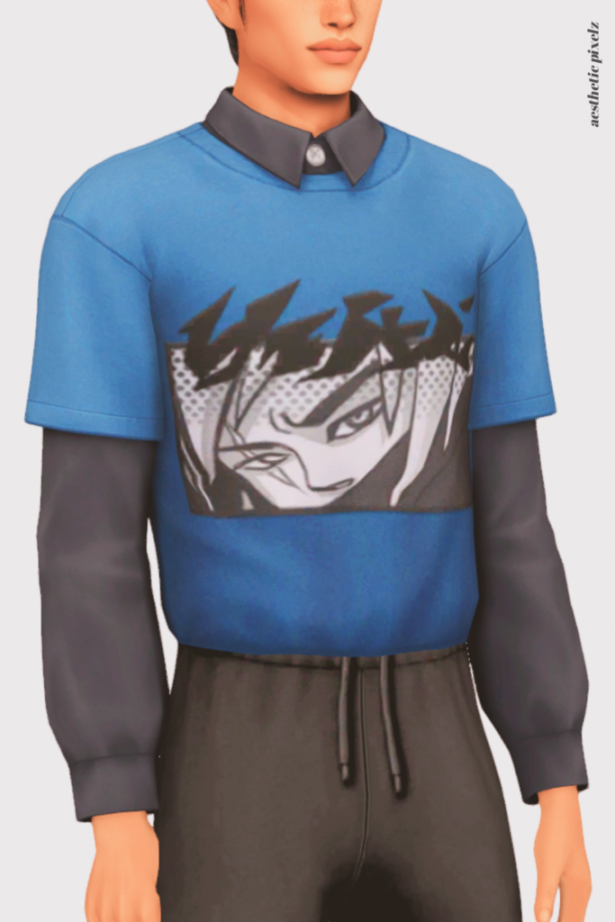 a sims 4 male sim wearing a custom content shirt in an everyday outfit