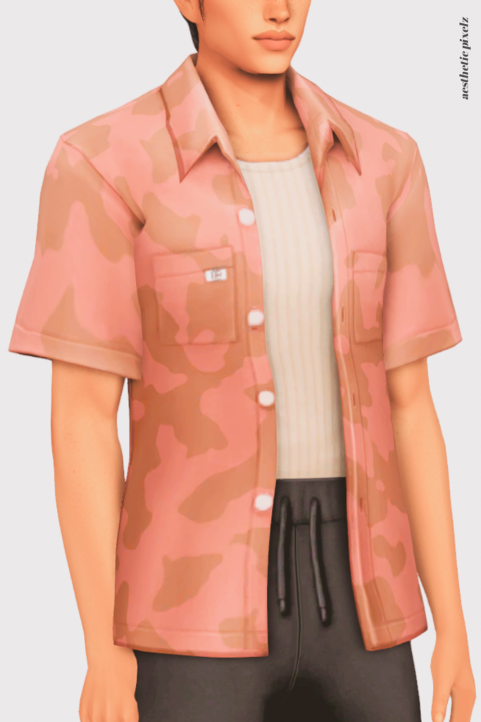 a sims 4 male sim wearing a custom content shirt in an everyday outfit