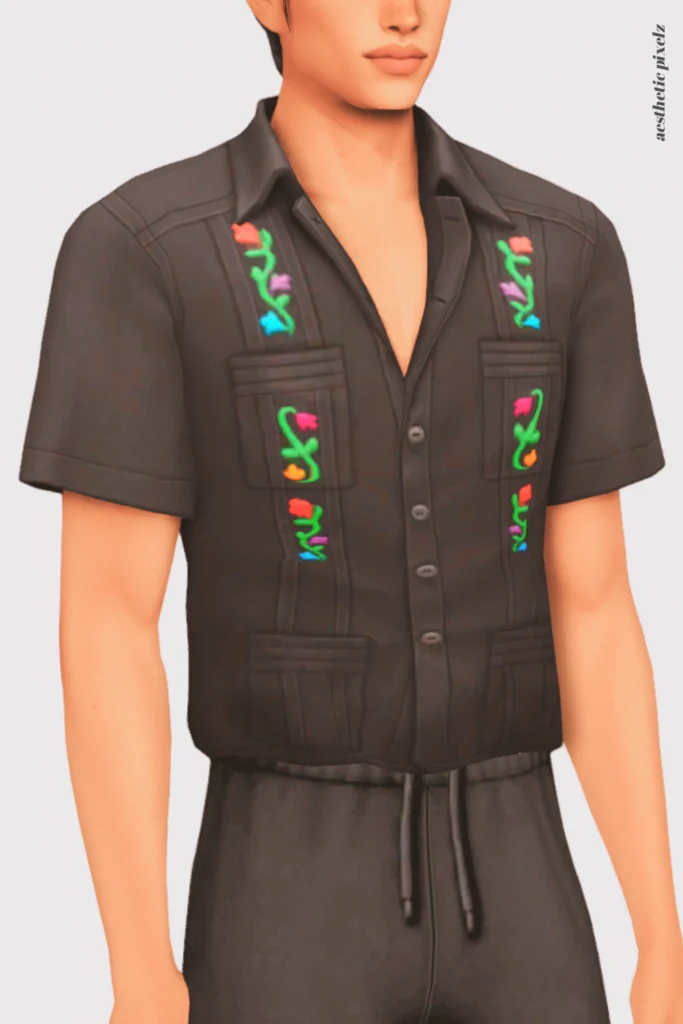 a sims 4 male sim wearing a custom content shirt in an everyday outfit