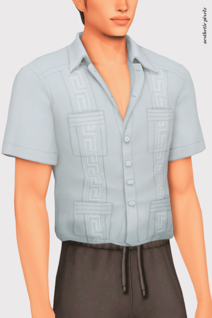 a sims 4 male sim wearing a custom content shirt in an everyday outfit