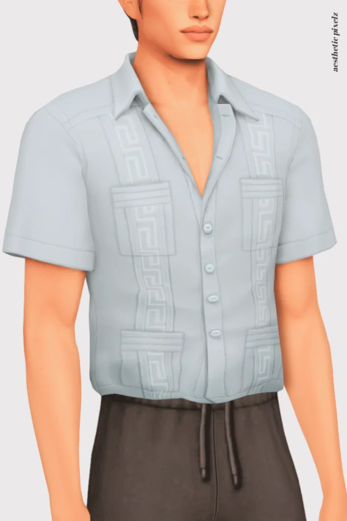 a sims 4 male sim wearing a custom content shirt in an everyday outfit