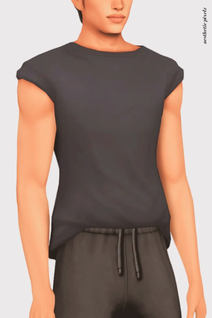 a sims 4 male sim wearing a custom content shirt in an everyday outfit