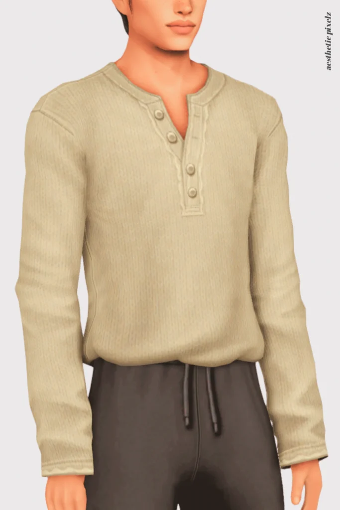 a sims 4 male sim wearing a custom content shirt in an everyday outfit