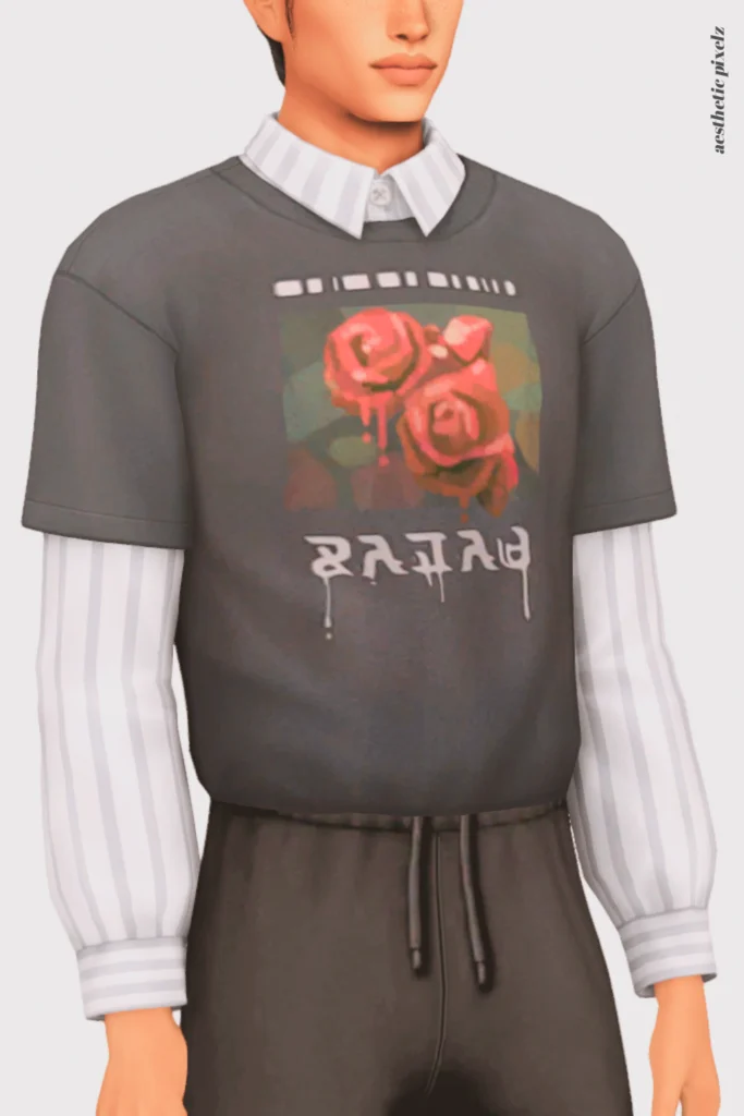 a sims 4 male sim wearing a custom content shirt in an everyday outfit