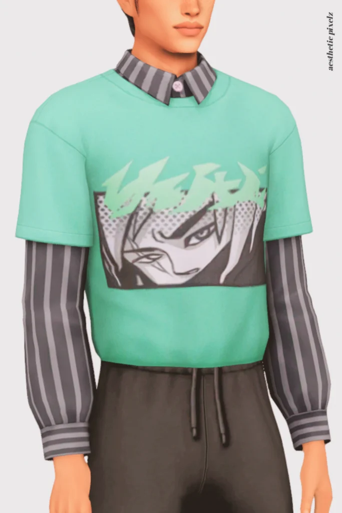 a sims 4 male sim wearing a custom content shirt in an everyday outfit