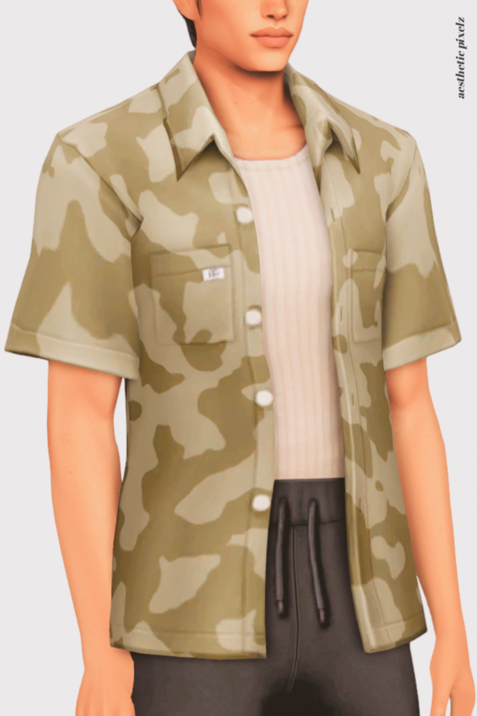 a sims 4 male sim wearing a custom content shirt in an everyday outfit