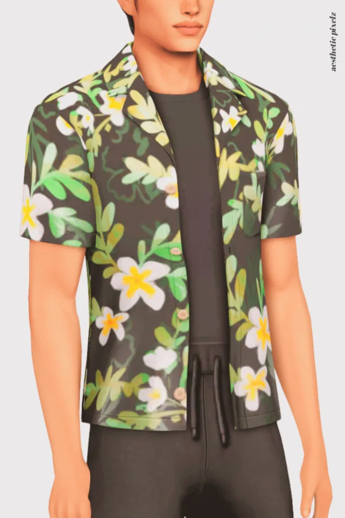 a sims 4 male sim wearing a custom content shirt in an everyday outfit