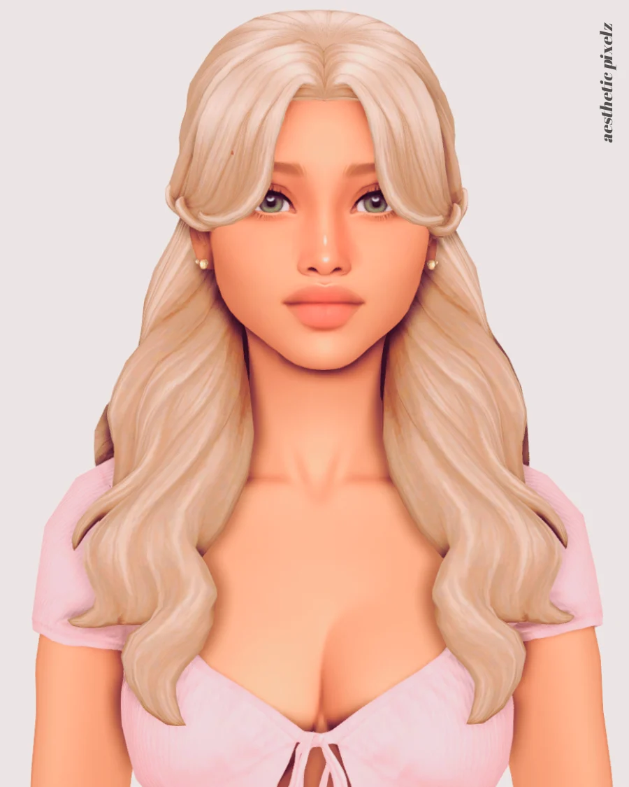 a sims 4 blonde female sim wearing a custom content hair