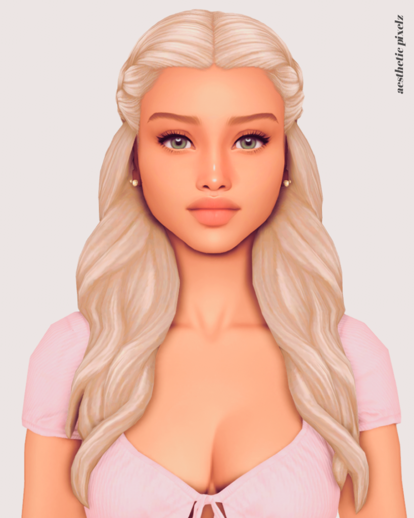 a sims 4 blonde female sim wearing a custom content hair