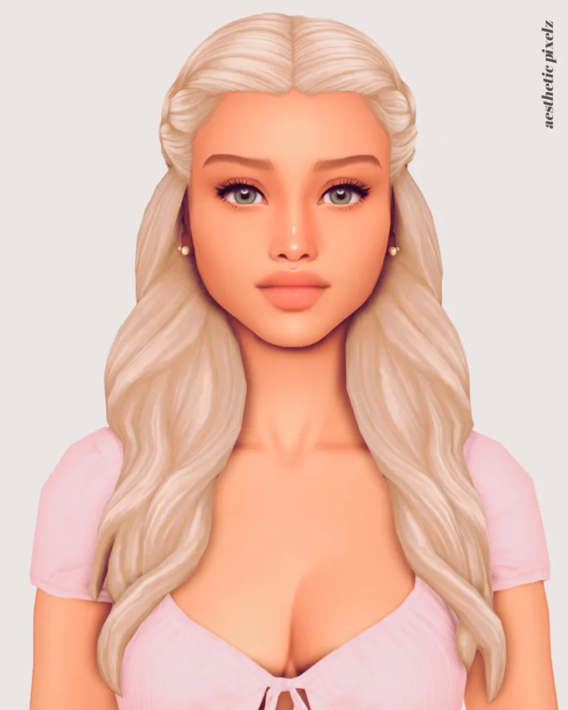 a sims 4 blonde female sim wearing a custom content hair