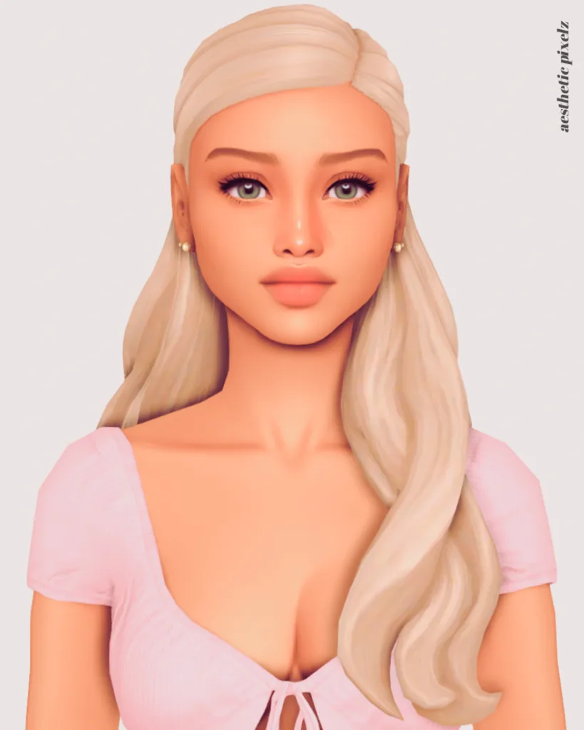 a sims 4 blonde female sim wearing a custom content hair