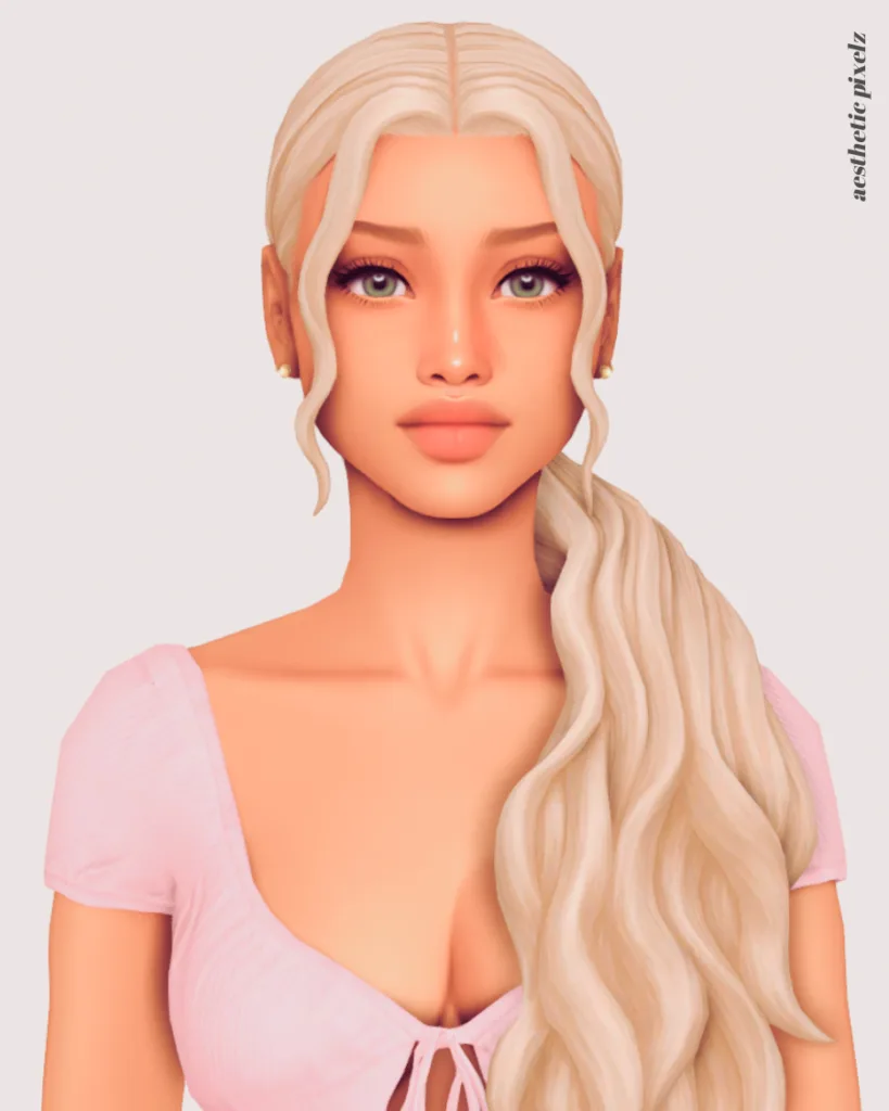 a sims 4 blonde female sim wearing a custom content hair